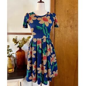 LULAROE Amelia Dress Navy Sunflower Short Sleeve Pockets Midi‎ Stretch Size XXS